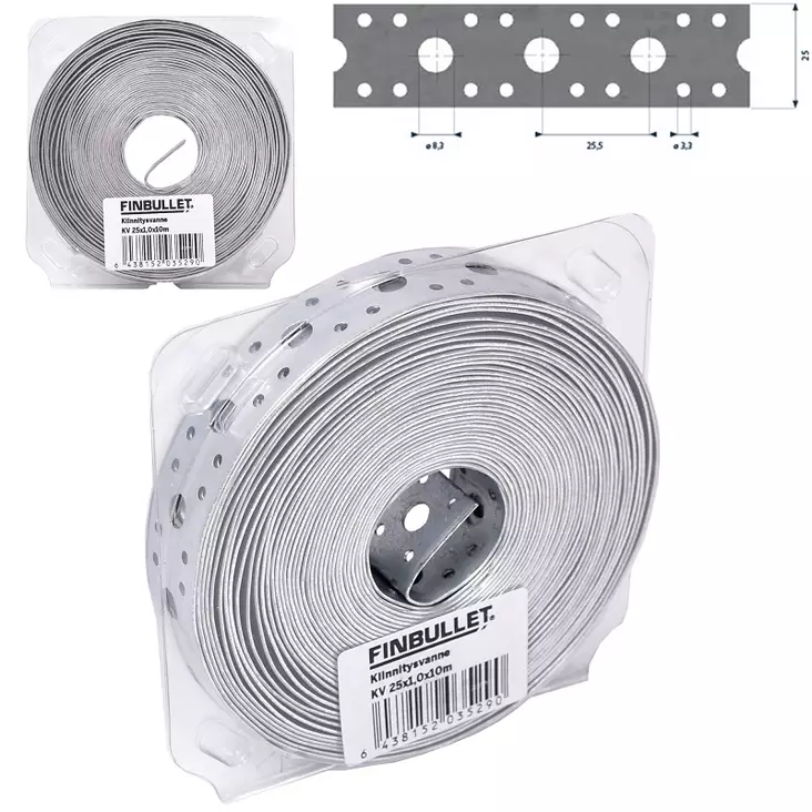 Kiinnitysvanne 25 mm x 1,0 mm x 10 m, 3,3/8,3 mm rei'illä - Muut kiinnitystarvikkeet - 6438152035290 - 1