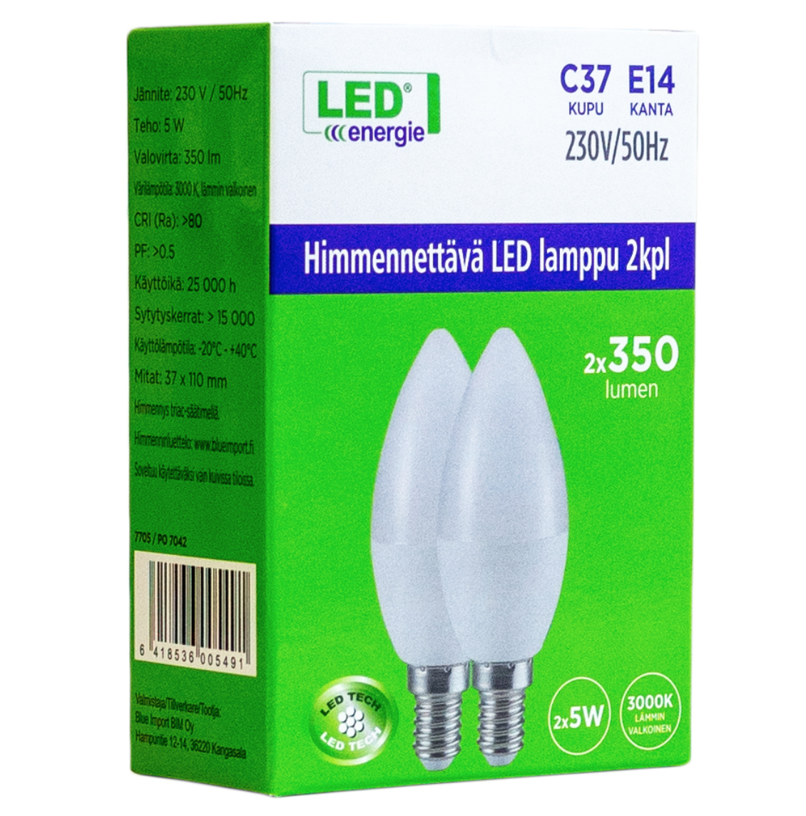 LED Kynttil lamppu 5W 350lm 3000K Himmennett v 2 Kpl pkt Savenmaa led-kynttil-lamppu-5w-350lm-3000k-himmennett-v-2-kpl-pkt-savenmaa