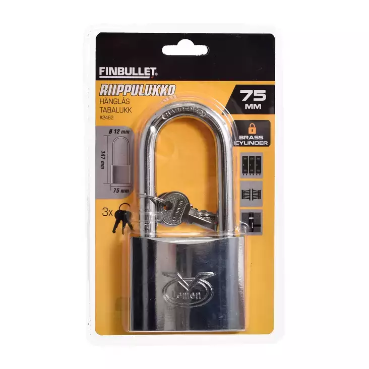 Finbullet Riippulukko 75 mm pitkäsanka - Riippulukot, salvat, haat - 6438152024621 - 1