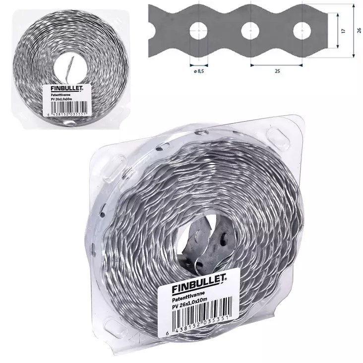 Patenttivanne 26 mm x 1 mm x 10 m, 8,5 mm rei'illä - Muut kiinnitystarvikkeet - 6438152035351 - 1