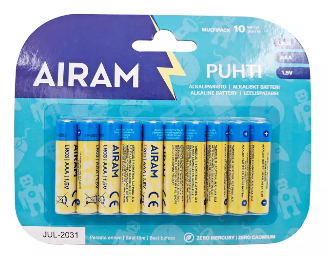 Airam Puhti paristo LR03 AAA 10 kpl - Paristot, testerit - 6435200275622 - 1