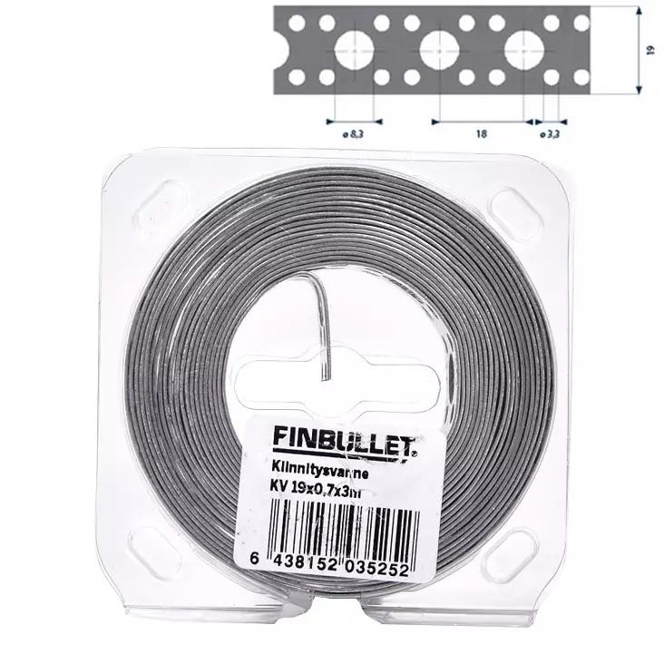 Kiinnitysvanne 19 mm x 0,7 mm x 3 m, 3,3/8,3 mm rei'illä - Muut kiinnitystarvikkeet - 6438152035252 - 1