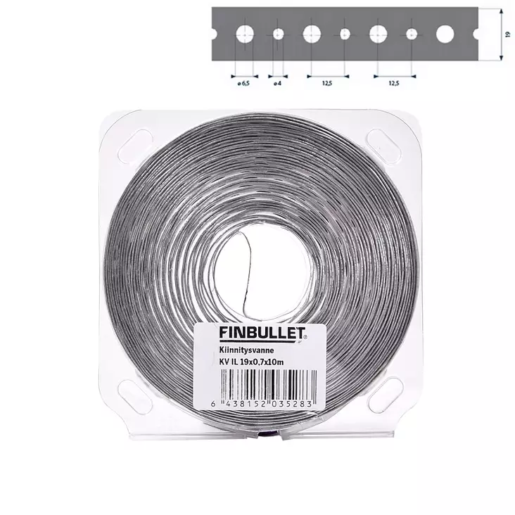 Kiinnitysvanne 19 mm x 0,7 mm x 10 m, 4/6,5 mm rei'illä - Muut kiinnitystarvikkeet - 6438152035283 - 1