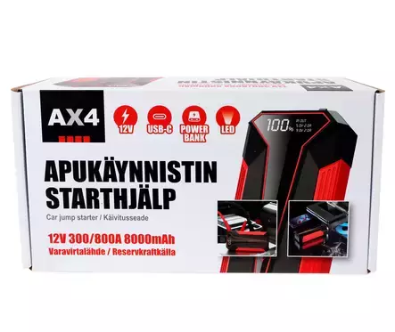 AX4 Apukäynnistin 12V 300/800A 8000mAh - Invertterit, laturit - 6418536028506 - 2