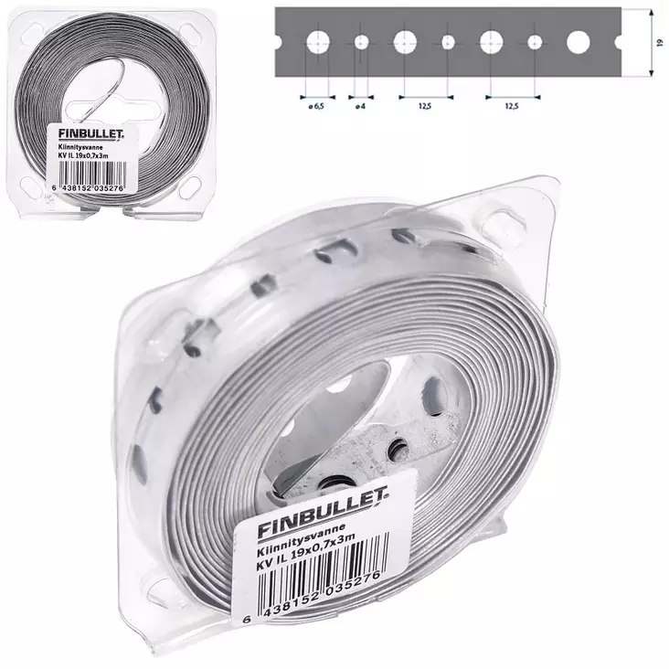 Kiinnitysvanne 19 mm x 0,7 mm x 3 m, 4/6,5 mm rei'illä - Muut kiinnitystarvikkeet - 6438152035276 - 1