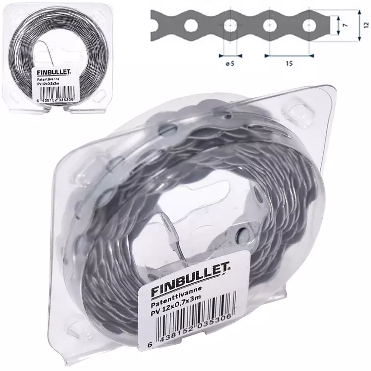 Patenttivanne 12 mm x 0,7 mm x 3 m, 5 mm rei'illä - Muut kiinnitystarvikkeet - 6438152035306 - 1