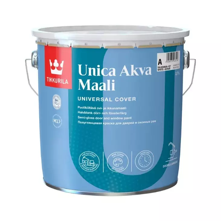 Tikkurila Unica Akva Maali valkoinen ovi- ja ikkunamaali, sävytettävissä - Ulkomaalit - 6408070067727 - 1