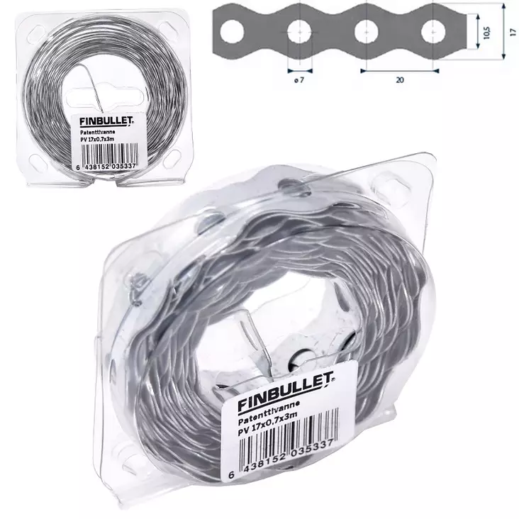 Patenttivanne 17 mm x 0,7 mm x 3 m, 7 mm rei'illä - Muut kiinnitystarvikkeet - 6438152035337 - 1